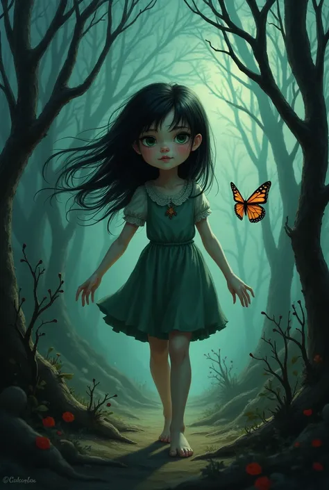 Girl with green eyes and black hair, He plays with a butterfly to catch it in a forest with leafless trees while he goes deeper into the forest 