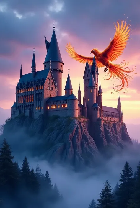 Hogwarts Castle Watercolor Wallpaper with Phoenix