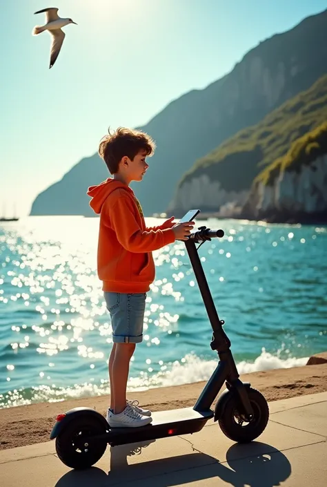 a brown haired boy avatar with his electric scooter on his kickstand, his backpack and his smartphone looking at the sea