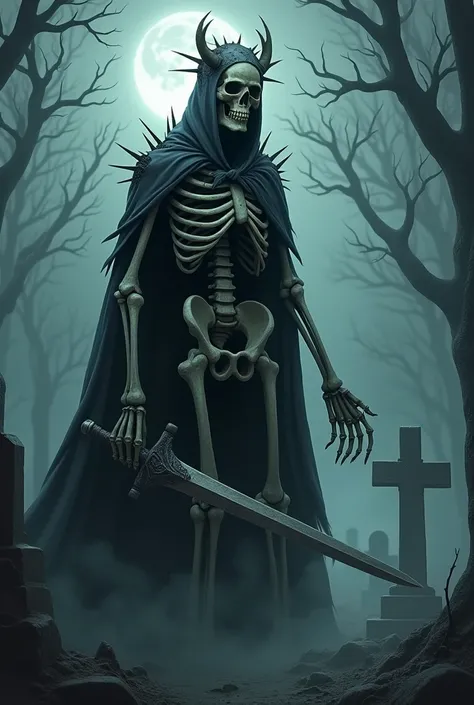 Skeletal figure that is made up of several different skeletons and the skeletal figure is wearing a cloak and a helmet that is covered in thorns, he is also holding a bone sword 