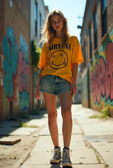 A girl in all star sneakers , nirvana band t-shirt , with the vagina exposed