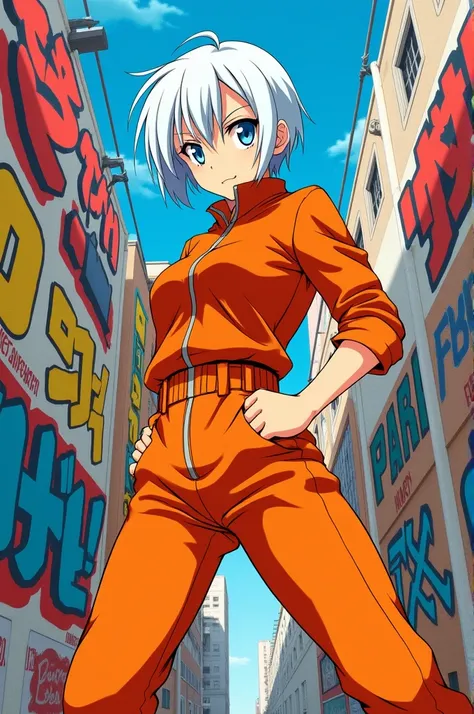 Anime girl with short , white hair and blue detailed eyes wearing a orange jumpsuit ,dynamic pose ,poster,with Japanese text on walls