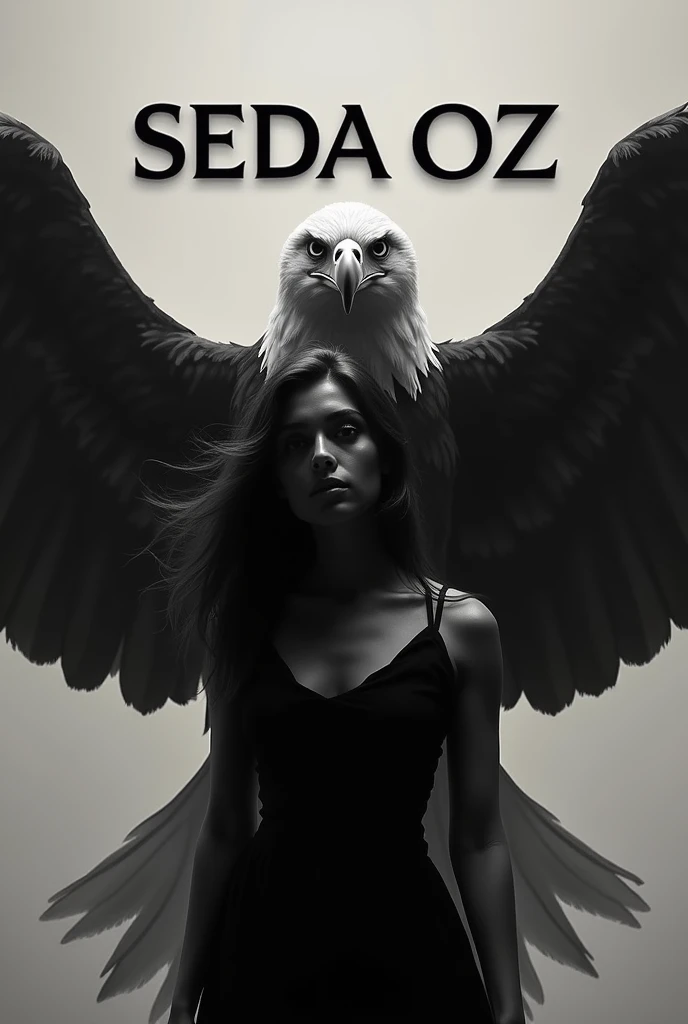 LET THE BACKGROUND BE LIGHTEN IN BLACK AND WHITE. LET THERE BE AN EAGLE IN THE CENTER. LET THERE BE A WOMAN IN FRONT OF THE EAGLE. WRITE SEDA OZ WITH 3D LOGO