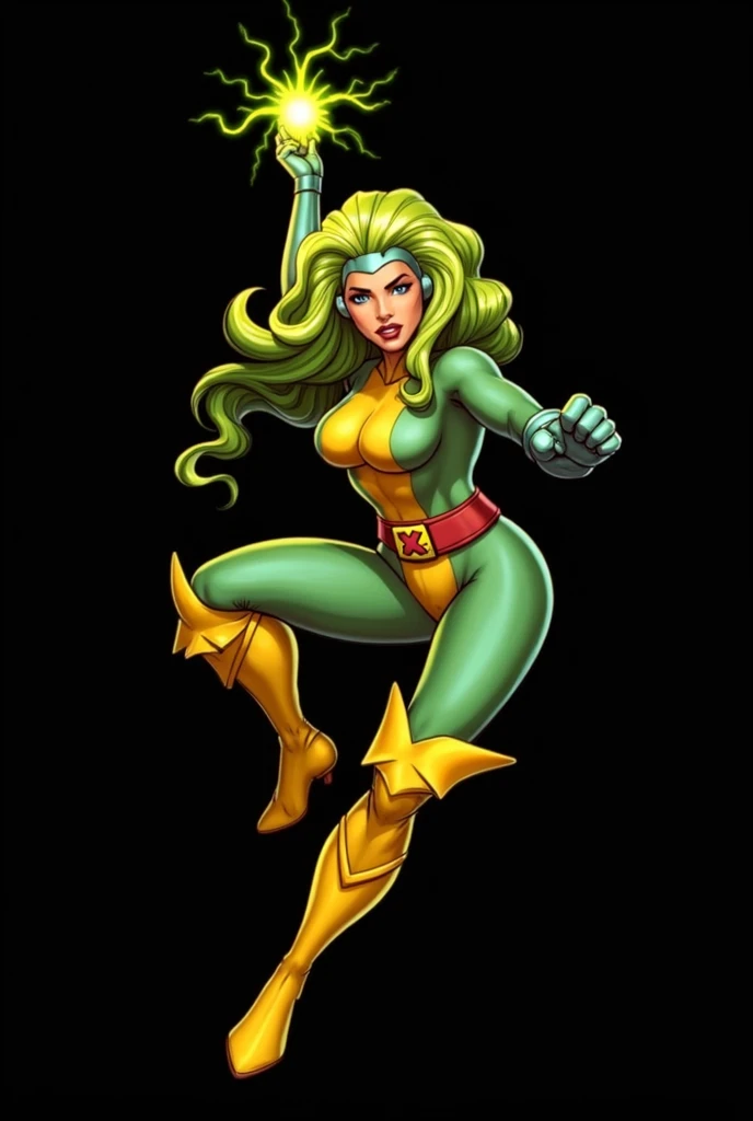 (Lorna Dane, polaris x-men, (attack uppercut pose:1.4), (busty and voluptuous body), (naked arms:1.4), (pointed nipples), (green thick wavy long hair:1.4), (huge breast:1.6), wearing a blue costume, big yellow in the chest and stomach, with yellow xmen bel...