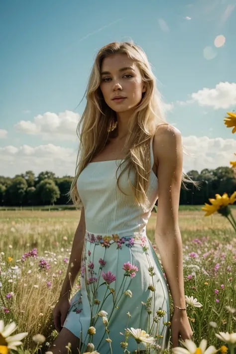 Goregous tall  blonde  surrounded by a field of flowers  all around. 