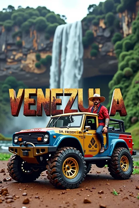 A captivating 3D logo for “VENEZUELA” with a sleek and modern design. The bold “VENEZUELA” intertwines with a cowboy riding his horse next to a sleek gold, blue and red 4x4RC truck, showcasing its impressive bodywork with images of a scale on the doors wit...