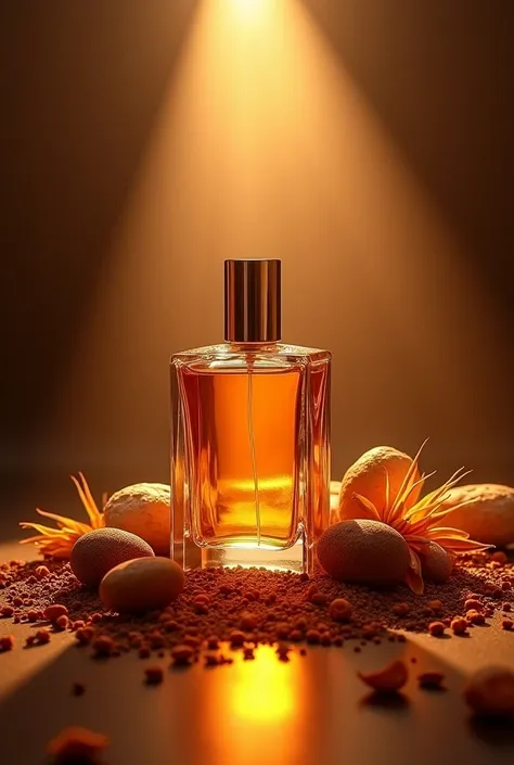 design a photography poster for placement a perfume (without perfume) with notes of cinnamon and nutmeg and sandalwood and papyrus and coumarin, top light on top of a background, saturation color scheme, bright light, molted shading, studio lighting, contr...