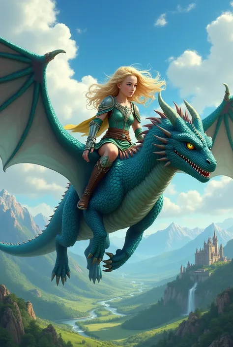 une jeune guerrière blonde aux yeux bleus chevauchant un dragon dans les cieux