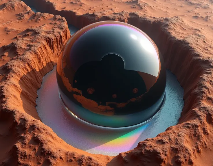 there is a veiny black bubble growing in a rift between two martian land masses, the bubble anchored itself to rift walls, and climbing higher, astronauts are witnessing it for the first time, ethereal rainbow bubbles, iridescent soapy bubbles, ethereal bu...