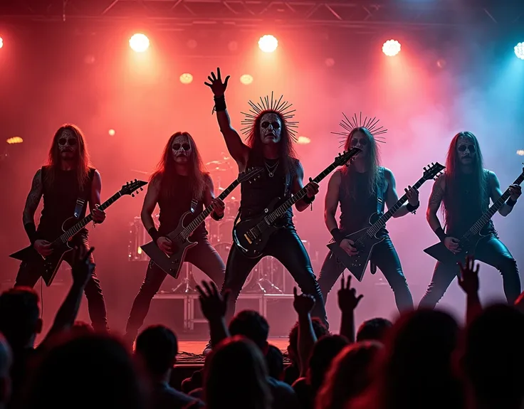 Six masked metal bands are performing madly on stage.