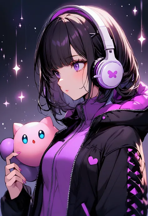 Girl with short purple and black hair wearing a Jiglipuff jacket and gamer headphones