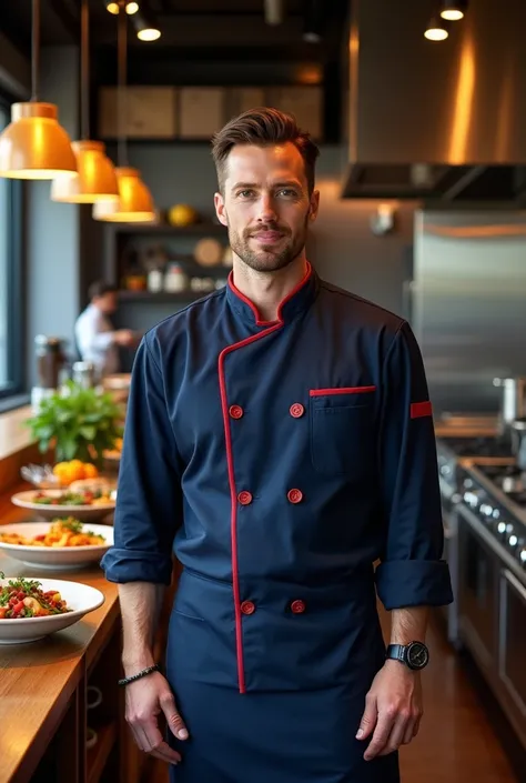 Navy blue chef&#39;s uniform with red details