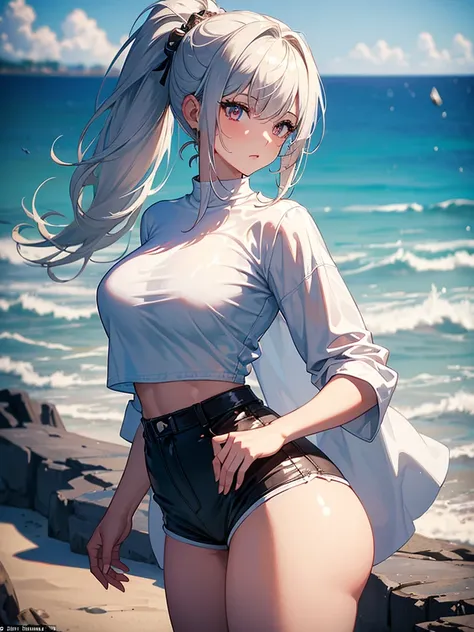 (masterpiece:1.6, best quality), (finely detailed beautiful eyes: 1.2), (Overhead view), high quality, beautiful face, 1girl, wide shot, white tshirt, leather short shorts, oversized leather jacket, open shoulders, silver hair, large breasts, ponytail hair...