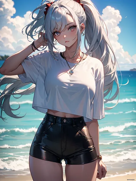 (masterpiece:1.6, best quality), (finely detailed beautiful eyes: 1.2), (Overhead view), high quality, beautiful face, 1girl, wide shot, white tshirt, leather short shorts, oversized leather jacket, open shoulders, silver hair, large breasts, ponytail hair...