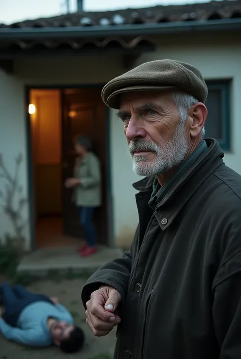 The image shows the facade of a modest house, with a partially open door. In front of the door, a 74-year-old man wearing a brown beret on his head, with an expression of despair and pain, holds a .37-caliber pistol in his hand. The man.

The image also sh...