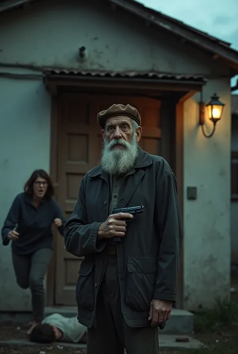 The image shows the facade of a modest house, with a partially open door. In front of the door, a 74-year-old man wearing a brown beret on his head, with an expression of despair and pain, holds a .37-caliber pistol in his hand. The man.

The image also sh...