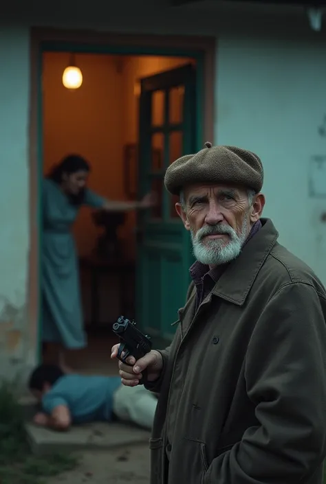 The image shows the facade of a modest house, with a partially open door. In front of the door, a 74-year-old man wearing a brown beret on his head, with an expression of despair and pain, holds a .37-caliber pistol in his hand. The man.

The image also sh...