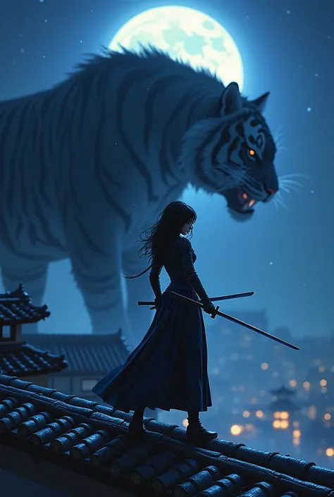 Kunoichi with aggressive stance wielding ninja-to dual black and dark blue ninja armor on Japanese castle rooftop against night sky and shadow of black tiger in 1980s movie look