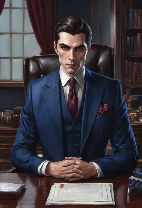 (good quality), (many details), (masterpiece), man (30 years old) in a tailored suit (dark blue), blue eyes, stern facial expression, handkerchief, vampire, night, sitting behind his mahogany desk, office, serious, businessman, realistic, blond short hair