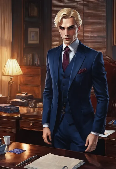 (good quality), (many details), (masterpiece), man (30 years old) in a tailored suit (dark blue), blue eyes, stern facial expression, handkerchief, vampire, night, sitting behind his mahogany desk, office, serious, businessman, realistic, blond short hair