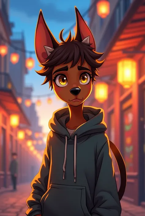 (Anime style) a boy, brown hair, copper colored skin, yellow eyes, thin, wearing an oversized sweater, has doberman dog ears on top of his head, doberman dog tail as well