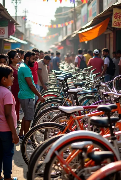 a cycle is stand at shop, the name of is wahid cycle and many peoples arond the cycle