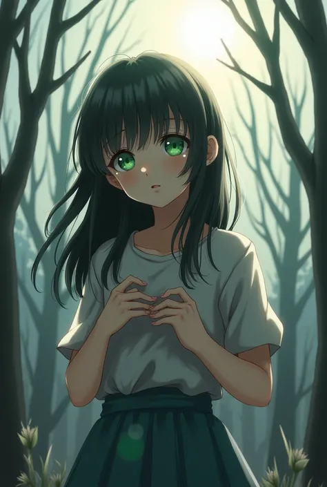 Girl with green eyes and black hair and has bangs and has her hair loose, He is in a sunny forest and the trees have no leaves and he looks at the sky with tears in his eyes but a little sadness, while holding something in his hands that he has in fists an...