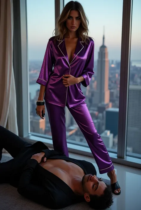 Beautiful Mistress , wearing purple shining pajamas , wearing black home sandals, trampling mans face, mans face trampled by mistress shoe, mistress puts her shoe on mans face, man is suited, mans face trampled by mistress shoe,  man lying down under mistr...