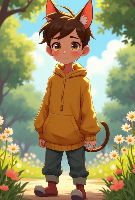 (Anime style) a boy, brown hair, copper colored skin, yellow eyes, thin, wearing an oversized sweater, has doberman dog ears on top of his head, doberman dog tail as well, human face