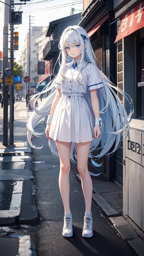 15 year old girl with long white hair blue eyes,  and with two arms and two legs and with normal clothes to go out on the street