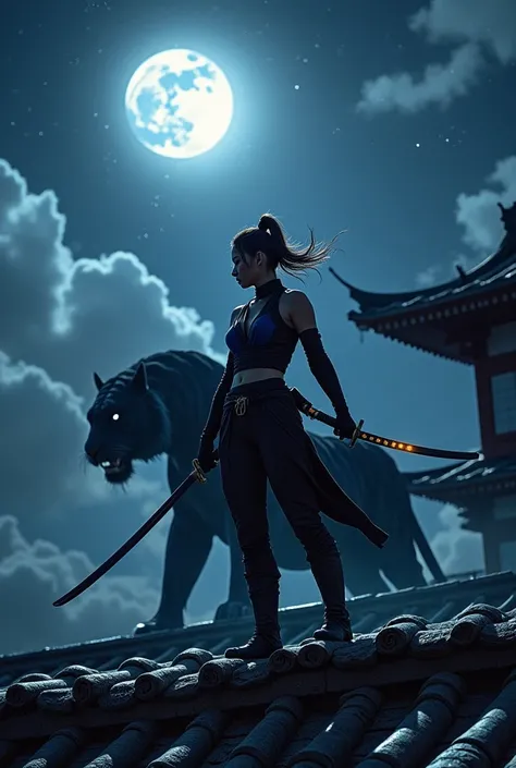 Kunoichi with aggressive stance wielding ninja-to dual black and dark blue ninja armor on Japanese castle rooftop against night sky and shadow of black tiger in 1980s movie look