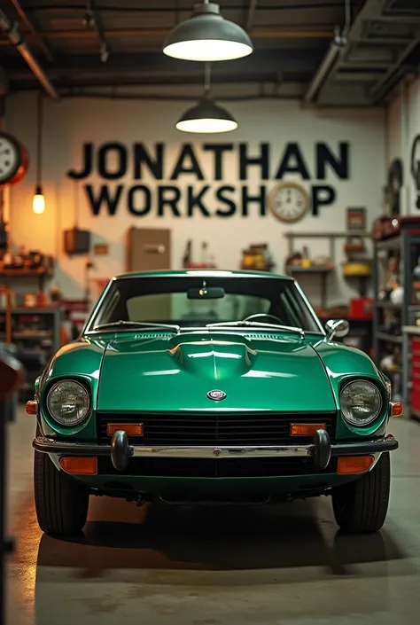 Create an image that shows a Nissan 240 z that says Jonathan workshop but the car appears above the letters 