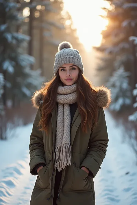 young, beautiful, perfect woman, brown hair, photography, great lighting, 4k, realistic, detailed, good quality, ultra realistic, pine forest background, cold, winter, snow, winter clothes and hat.