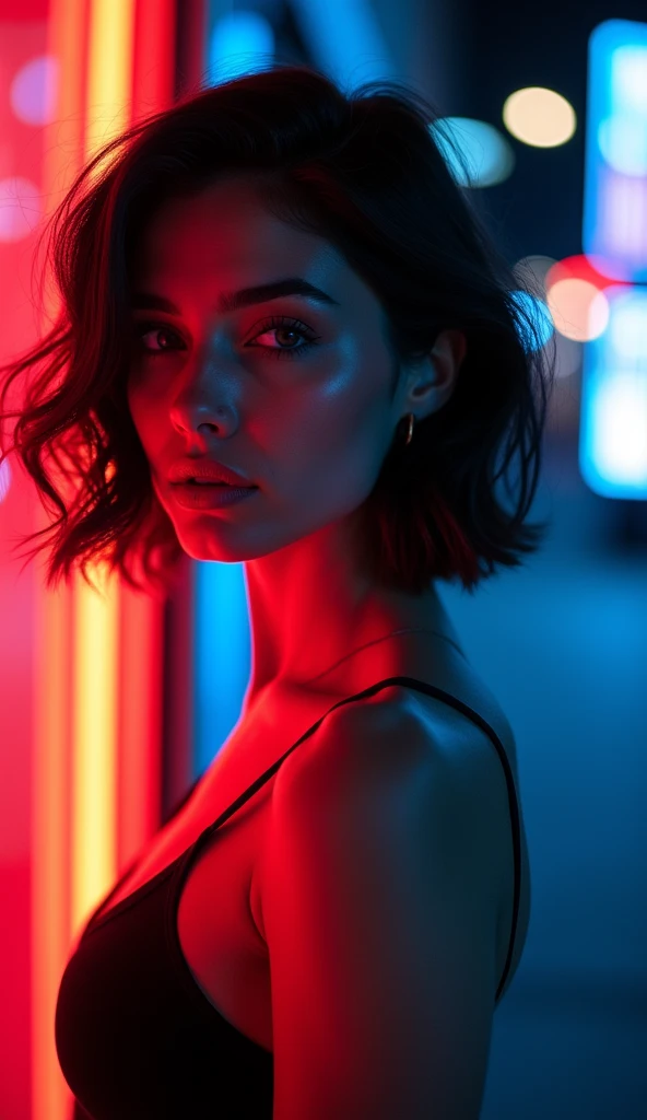 (vector graphics:1.2), realistic portrait, female silhouette, young woman in her 30s, well built, . short flowing black hair with red highlights. light, barely visible makeup. Dark blue eyes. Face illuminated by bright neon lights, red on one side, blue on...