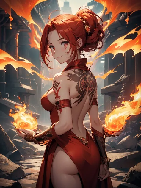 (((best quality, sharp image, clear image, cinematic lighting, 8k resolution, masterpiece, ultra detailed, intricate))) Girl, (((looking over left shoulder))), (shot from behind), fire mage, ((intricate background)), ((chaotic background)), red hair, smili...