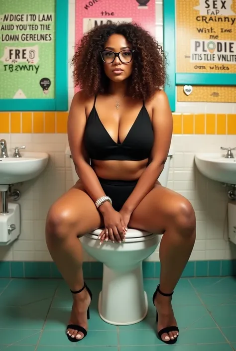 Plus size teacher girl in black bikini and heels on toilet 