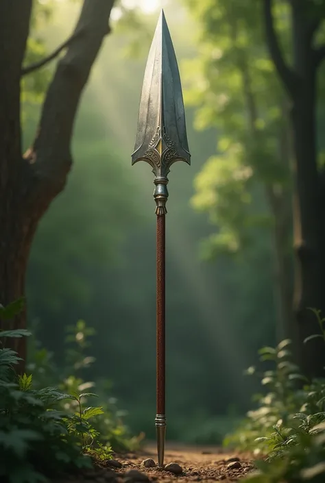 Silver-colored spear with a deep brown handle with golden notches and a wide, shiny gray edge.