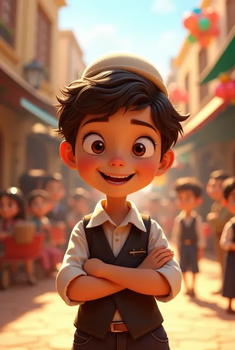 a young jew, 7 years old, Pixar-style, Caucasian skin, short wavy brown hair, wearing a white kippah, happy and welcoming expression, detailed facial features, complex clothing folds, warm lighting, film composition, rewarded photography.