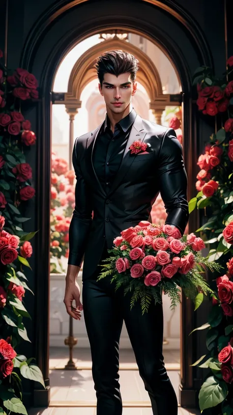 (absurdres, highres, ultra detailed), 1 male, beautiful,handsome, tall muscular guy, smooth skin, sexy gaze, mature, verious red and pink roses around him, the man is standing comfortably in the roses, from directly above, (black shirt, black pants), gorge...