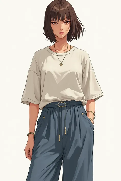 a female rpg character, full body like drawing showing the features, but with loose streetwear style clothes and very short hair above the neck with straight brown bangs, 2d, no back ground, with a serious face, full body and clear eyes, very tall, more ma...