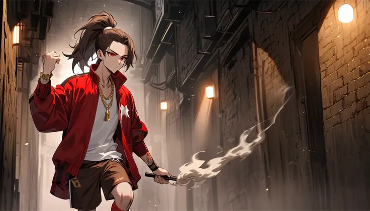 Solitary, Handsome, 1 male, Dark brown long hair ponytail, Side shaved hair，Red Eye, hip hop wear，White top，Red loose baseball jacket, Light brown loose knee shorts，white stockings，white sneakers，Wearing a gold watch on the left hand，Wear a gold necklace, ...