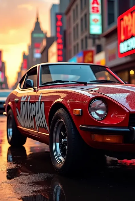 Create an image that shows a Nissan 240 z with the text Taller Jonathan in Spanish but the letters are on the car