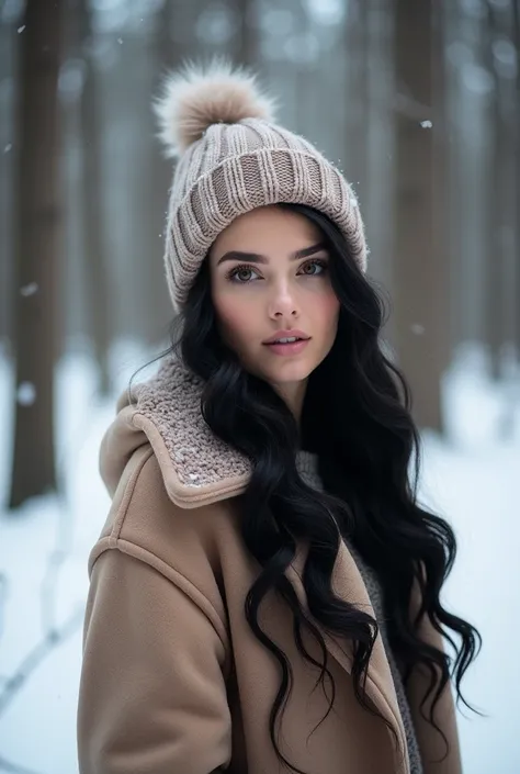 young woman, beautiful, perfect, black hair, long and wavy hair, photography, great lighting, 4k, realistic, detailed, good quality, ultra realistic, pine forest background, cold, winter, snow, winter clothes and hat