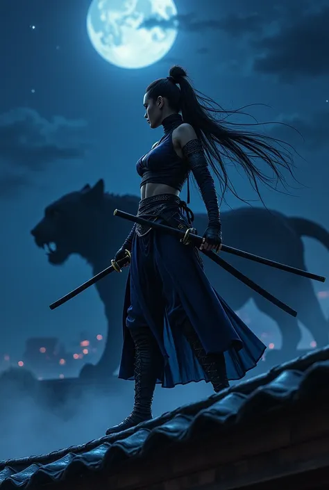 Kunoichi in aggressive stance wielding dual ninja-to wearing black and dark blue Japanese ninja armor on a Japanese castle rooftop against the night sky and the shadow of a black tiger 