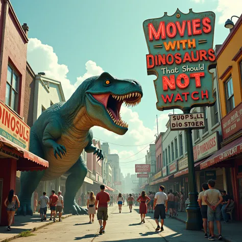 Dinosaur attacking number three,  next to a vintage sign that says: Movies with dinosaurs that you should NOT watch