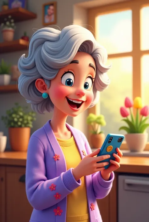 A cartoon grandmother with a smartphone, smiling while purchasing something with cryptocurrency