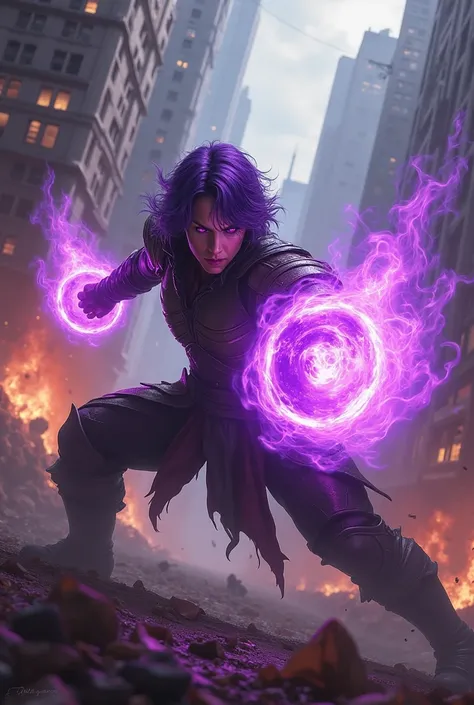 A purple-haired guy with fists that have purple flames in his hand punching a villain in the face 