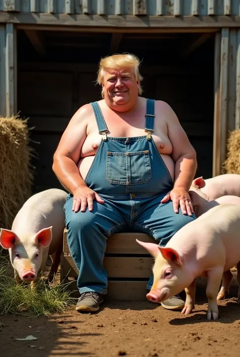 an obese donald trump dressed in overalls without a shirt sitting in a pig sty surrounded by several pigs