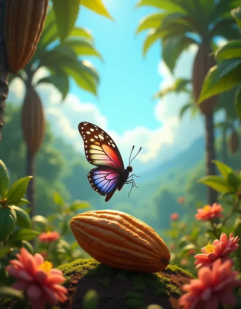 pixar animations 3d character of a  butterfly on top of a big grain of cocoa in the middle of a cocoa field of trees