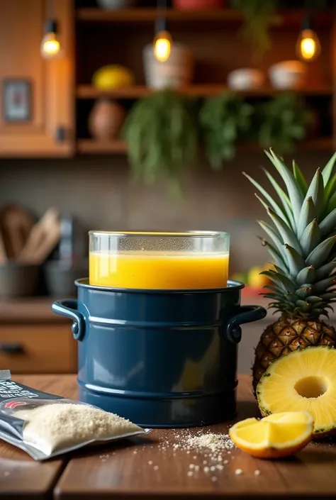 Create an image of a navy blue steel container where there is pineapple juice inside the container and yeast is added using a kitchen as a background